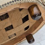 1960s, Danish curved 2-seater sofa, red/beige furniture wool fabric.