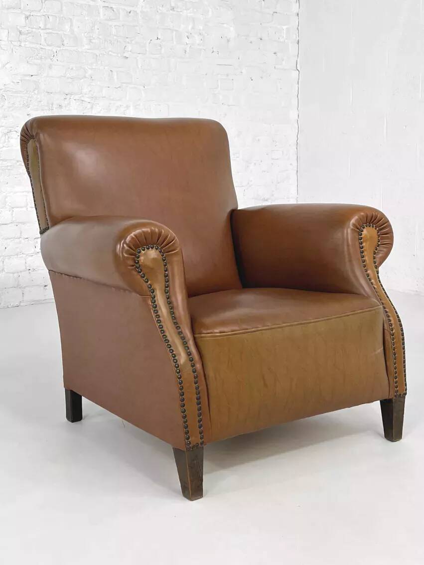 50s club armchair in imitation leather and wood