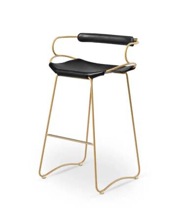 A pair of comfortable stools with a backrest, black and with gold brass.