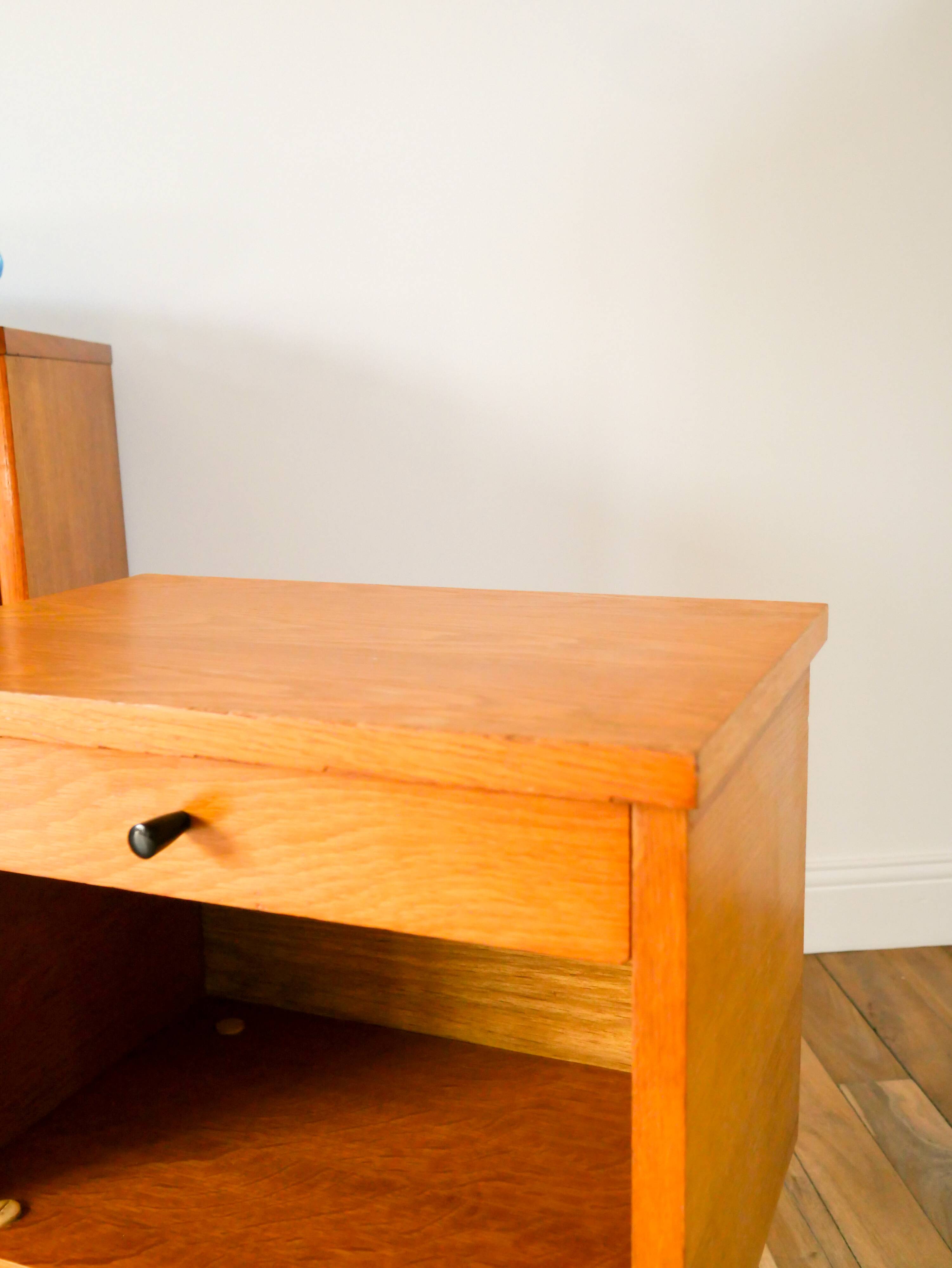 Scandinavian bedside table in teak veneer, with tapered legs and a drawer, 1960.