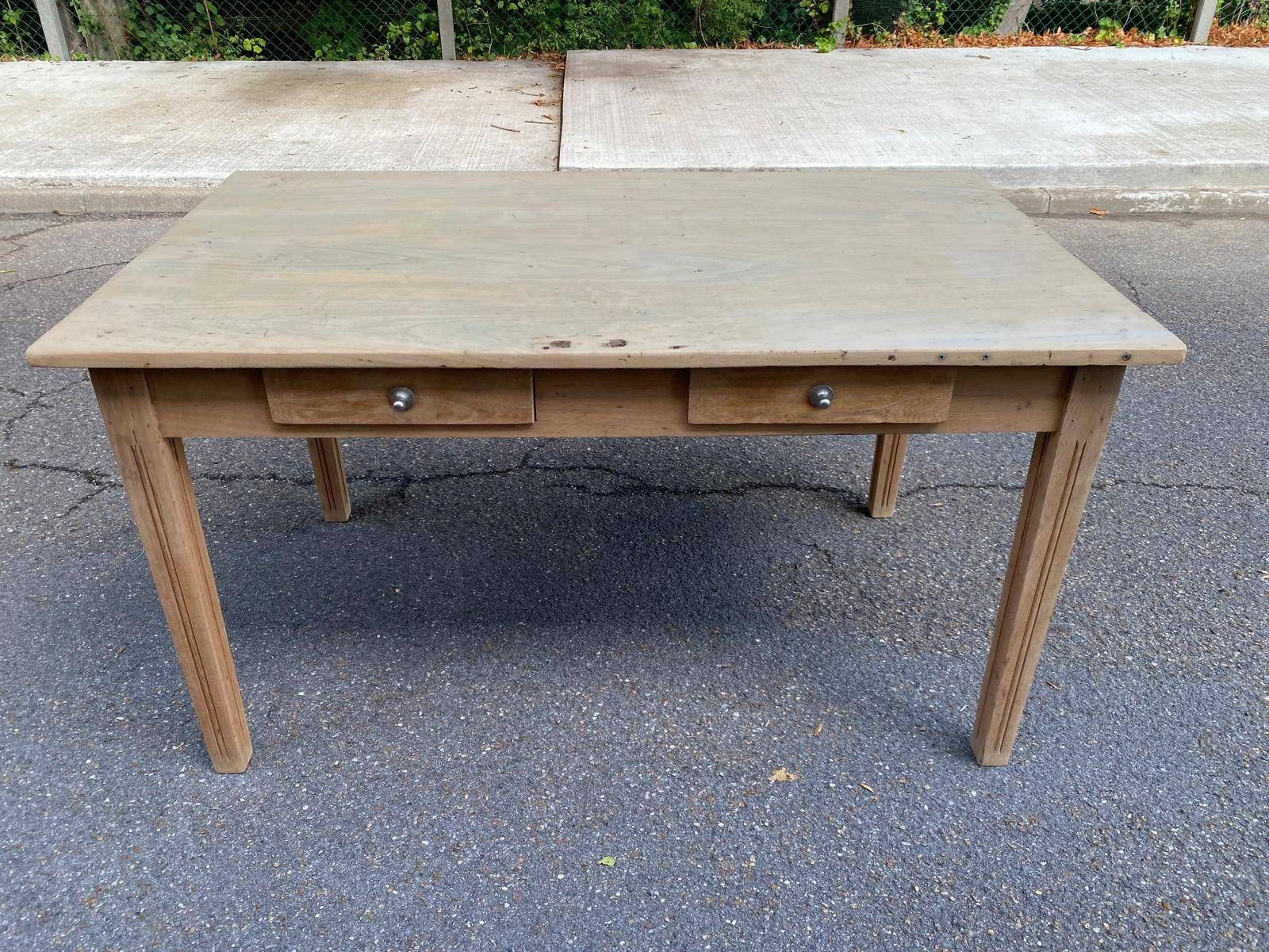 Renovated farmhouse table in raw solid wood with 2 drawers, 1920, 140x80cm.