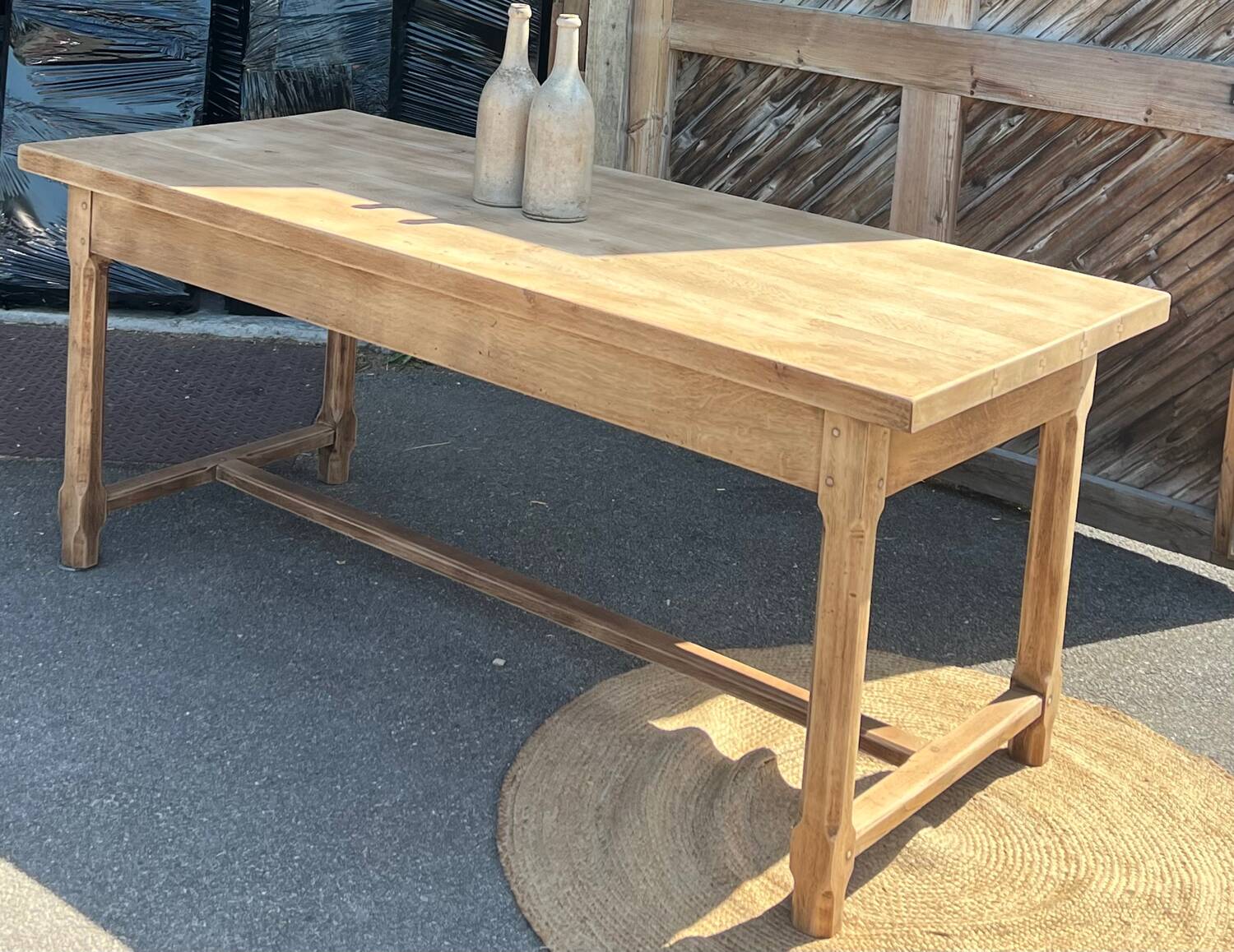 Large renovated antique table with 2 extensions in raw solid oak.