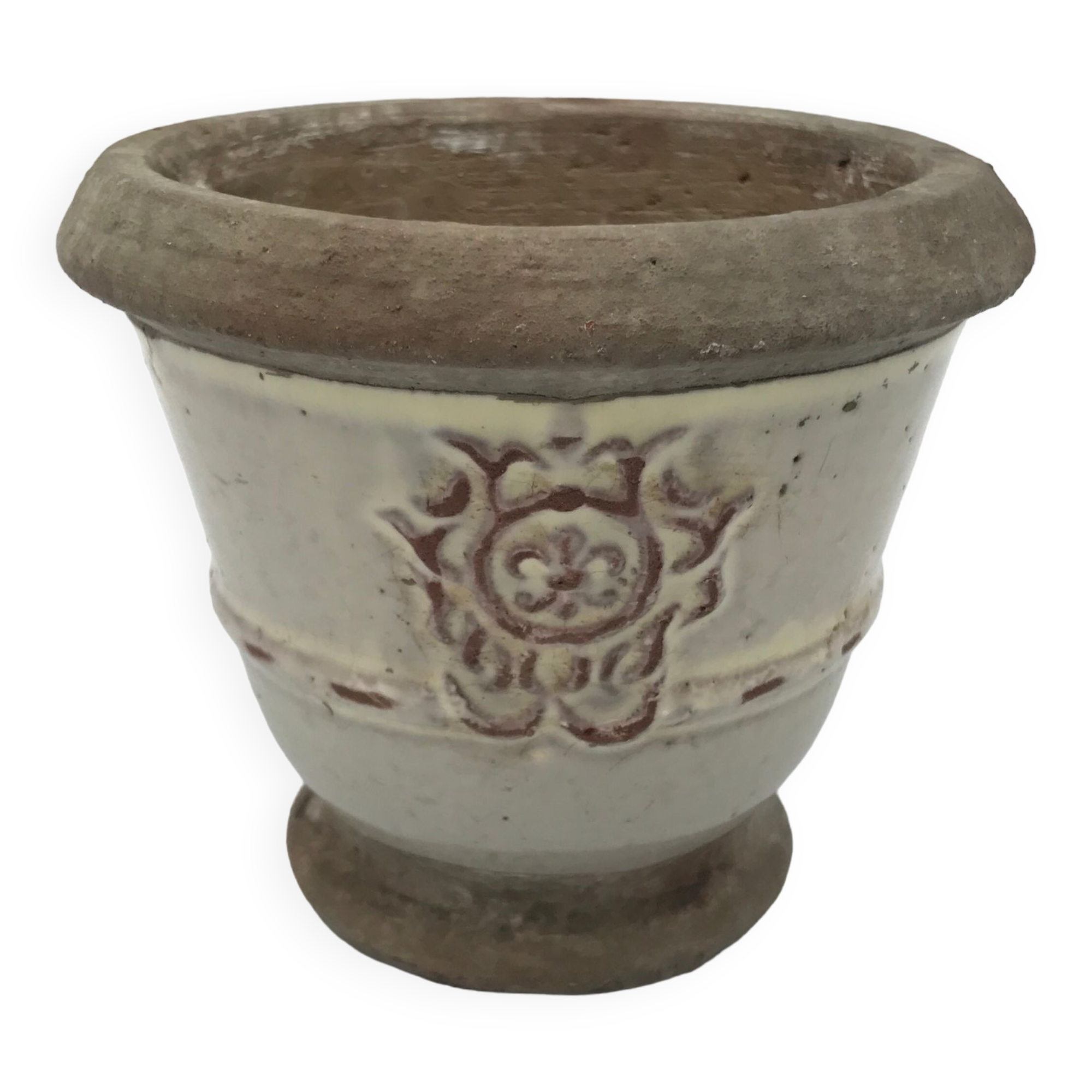 Pot cover, vintage pottery in white glazed stoneware with medallion decoration