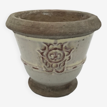 Cache-pot, poterie vintage en grès émaillée céruse à décor de médaillon