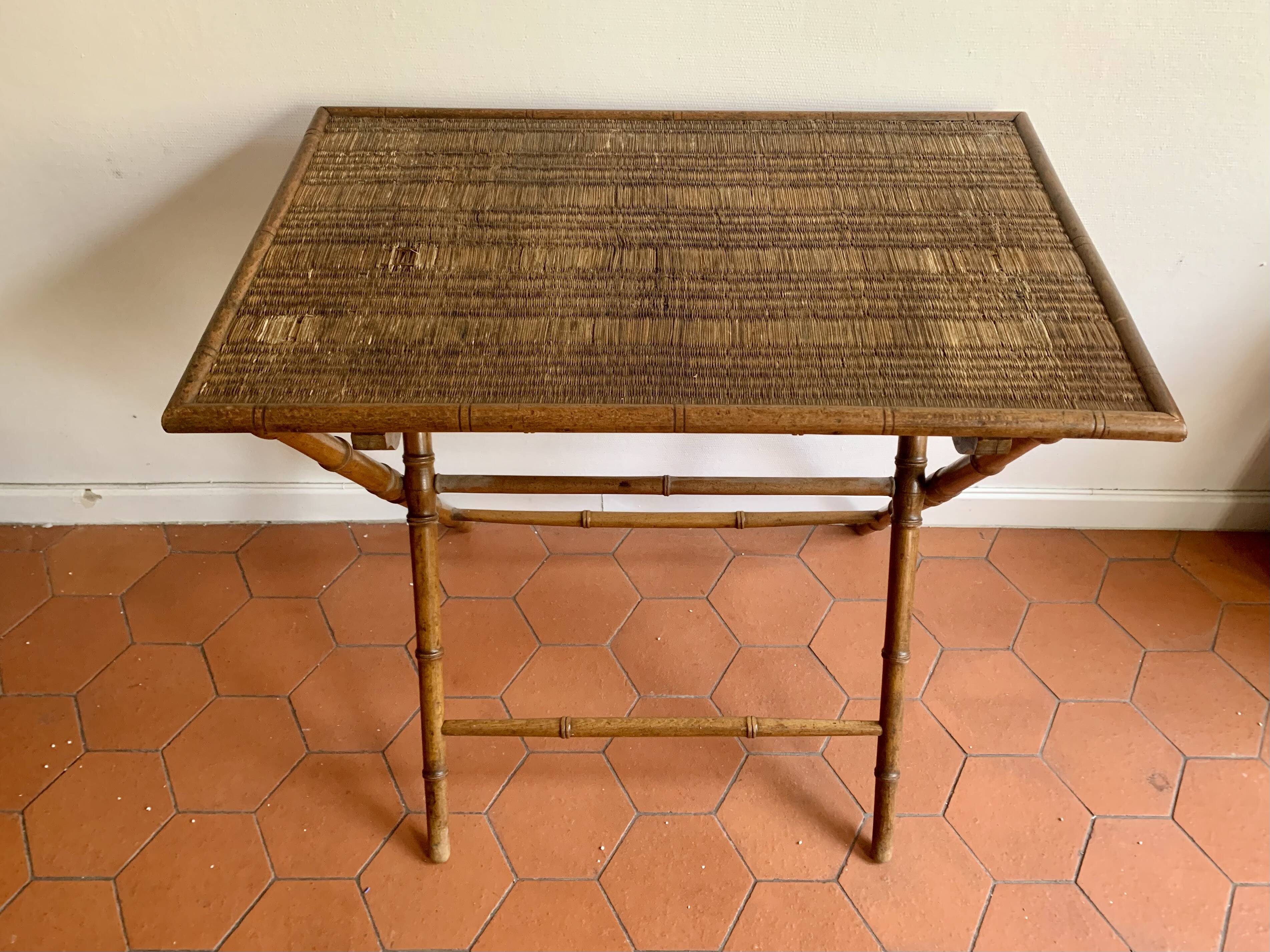 Folding table in bamboo-style wood and woven top, Napoleon III