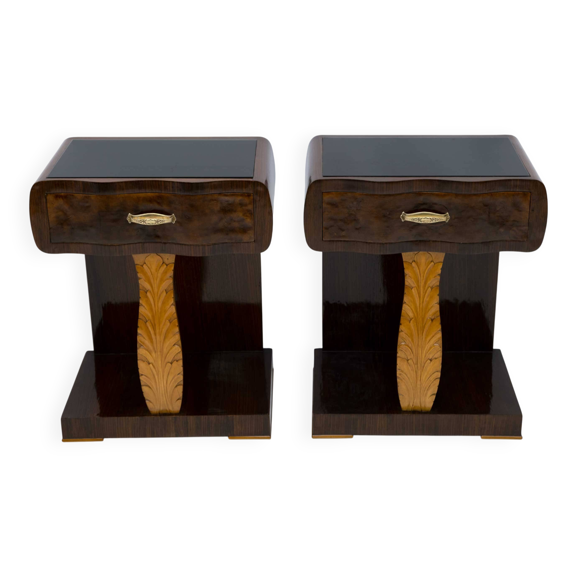 Pair of Art Deco Italian Walnut Briar and Maple Bedside Tables, 1920s