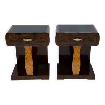 Pair of Art Deco Italian Walnut Briar and Maple Bedside Tables, 1920s