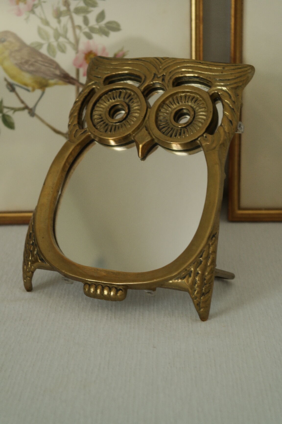 Vintage brass owl table mirror
