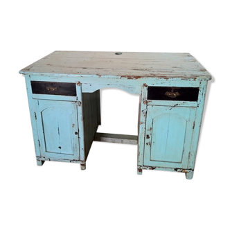 Old desk in Burmese tek / 2 doors - 2 drawers / original turquoise patina - black