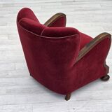 1950s, Danish relax armchair, cherry-red furniture velour, dark beech wood.