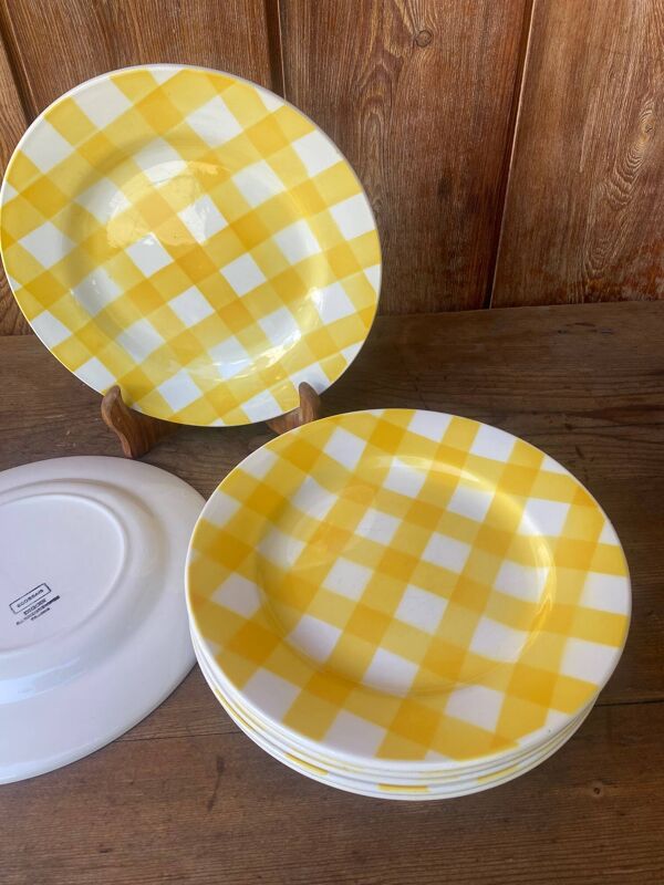 8 assiettes plates Digoin Sarreguemines modèle Ecossais jaune, année 60