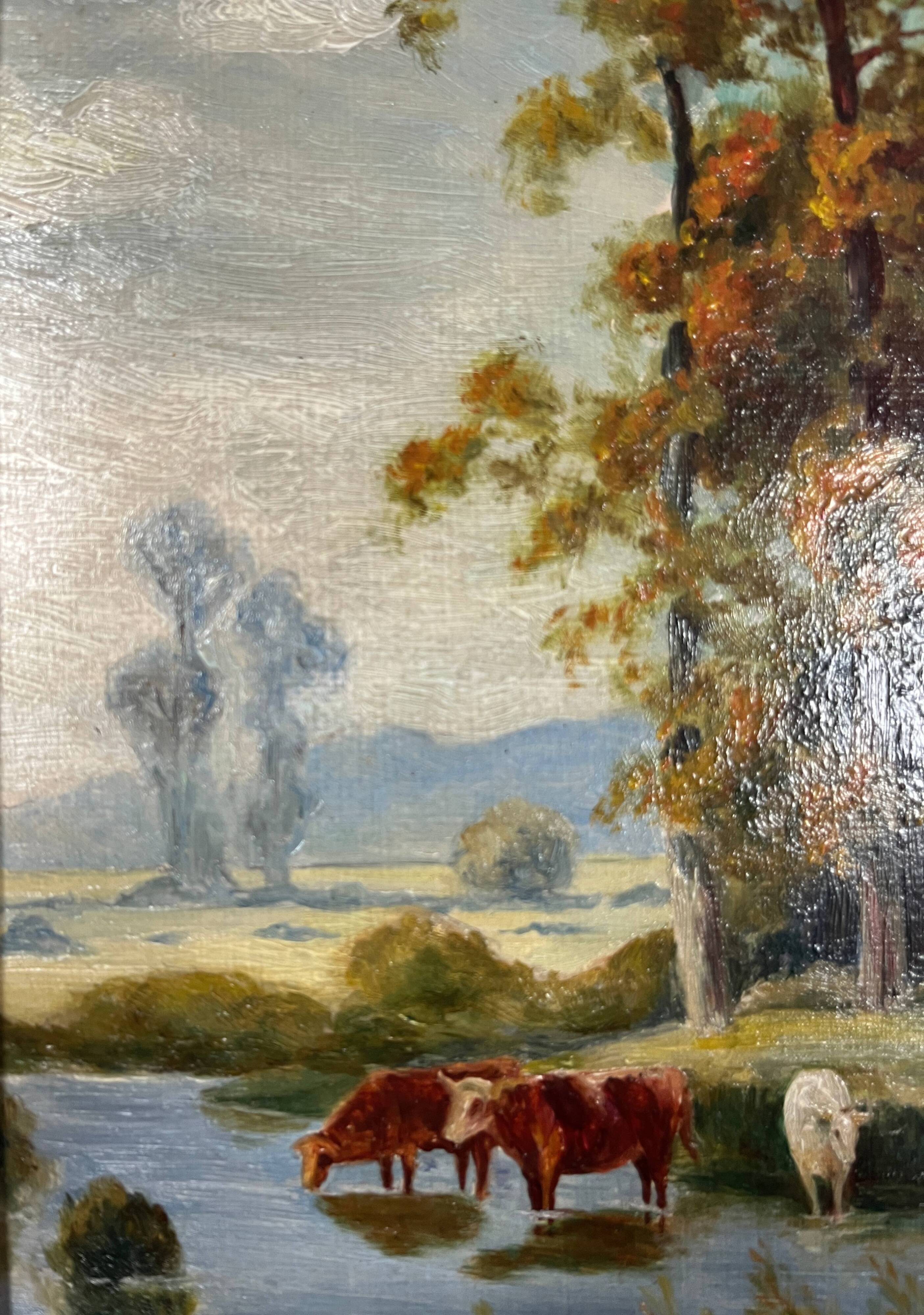 Hsp painting pastoral landscape post barbizon circa 1950 + signed frame