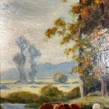 Hsp painting pastoral landscape post barbizon circa 1950 + signed frame