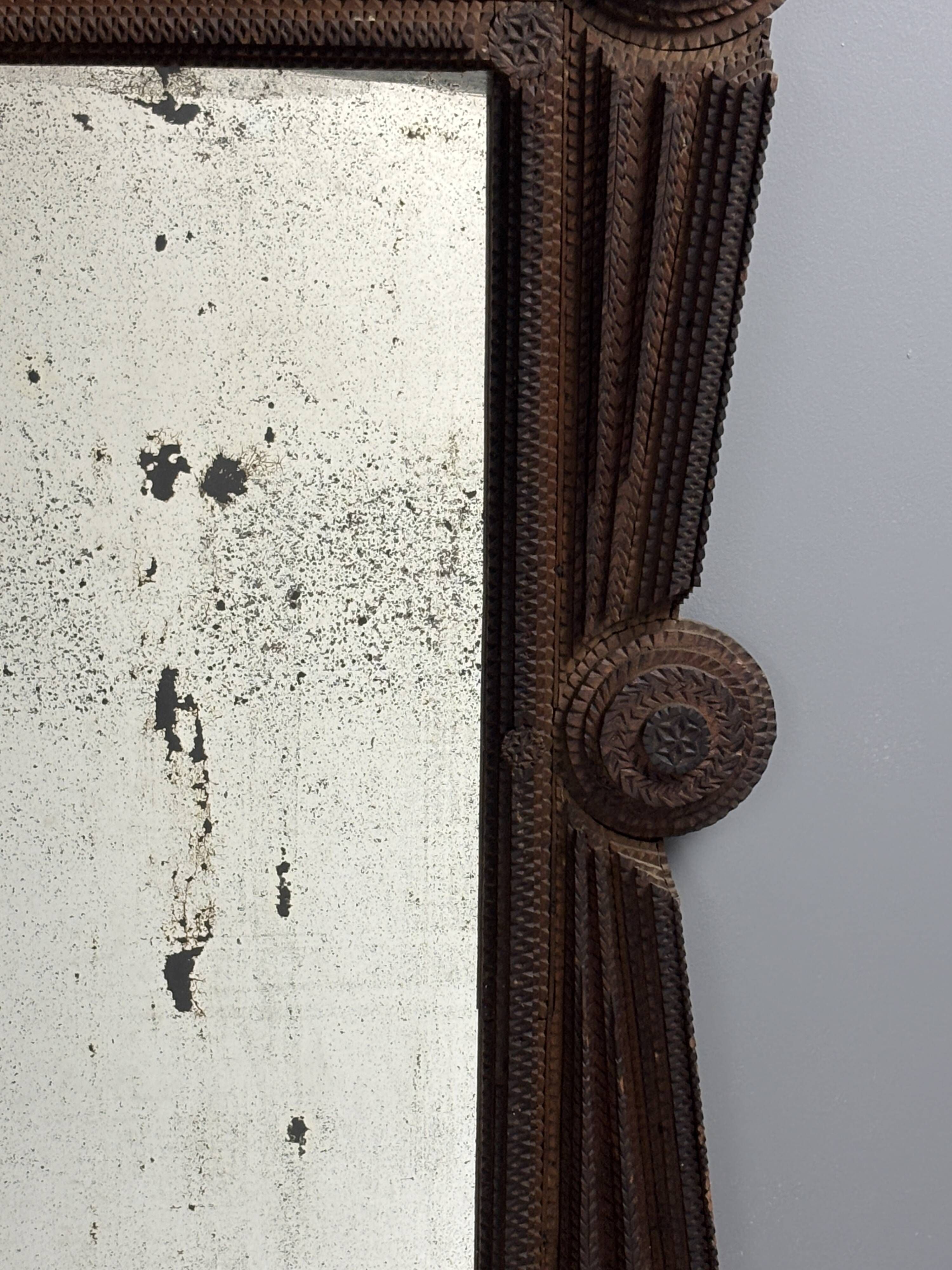 Antique tramp art folk art distressed mirror, Austria ca 1900s