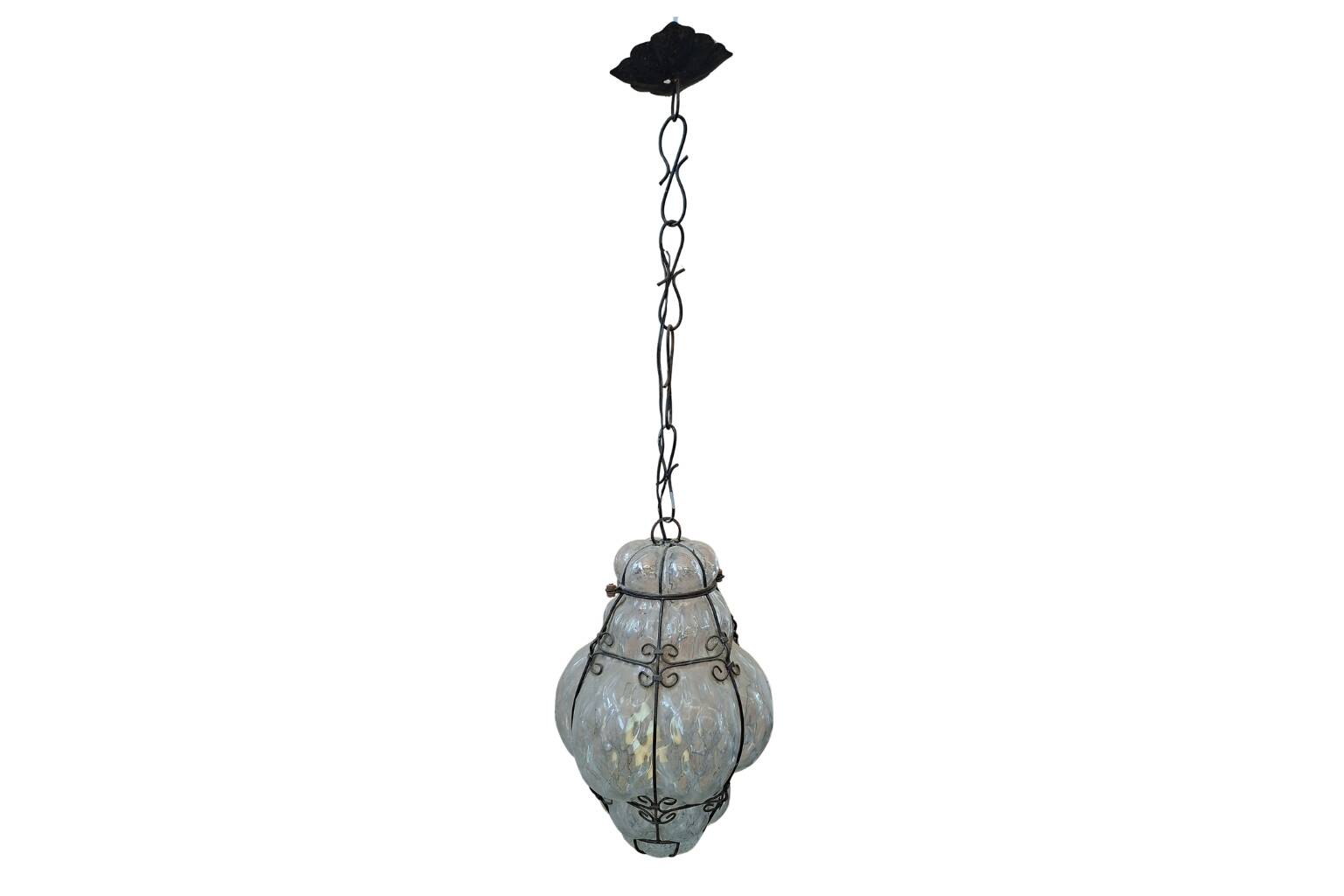 Suspension Vintage en Verre Soufflé et Fer Forgé