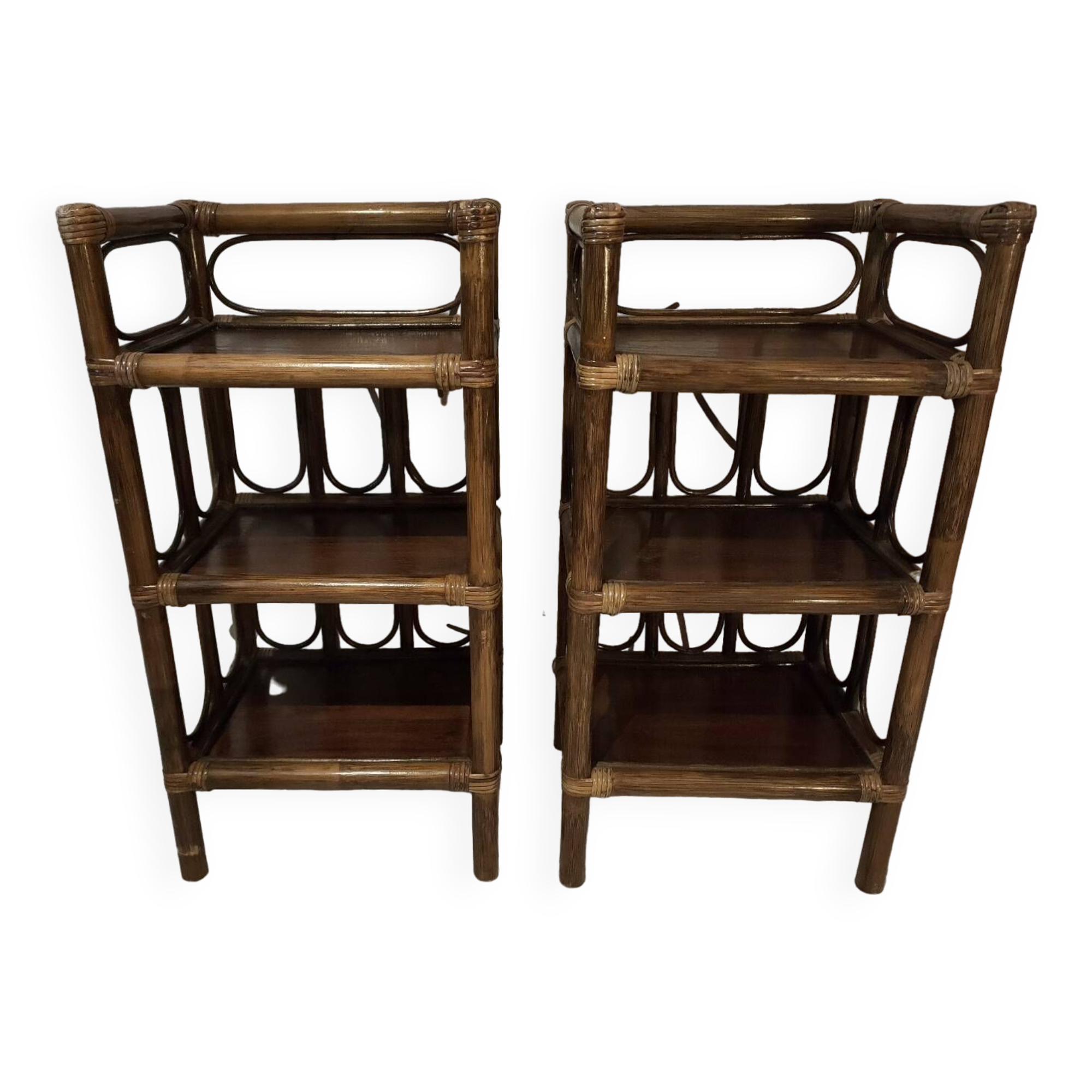 Pair of vintage bamboo and rattan bedside tables/shelves