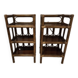 Pair of vintage bamboo and rattan bedside tables/shelves