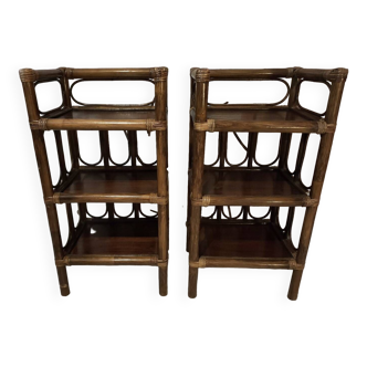 Pair of vintage bamboo and rattan bedside tables/shelves