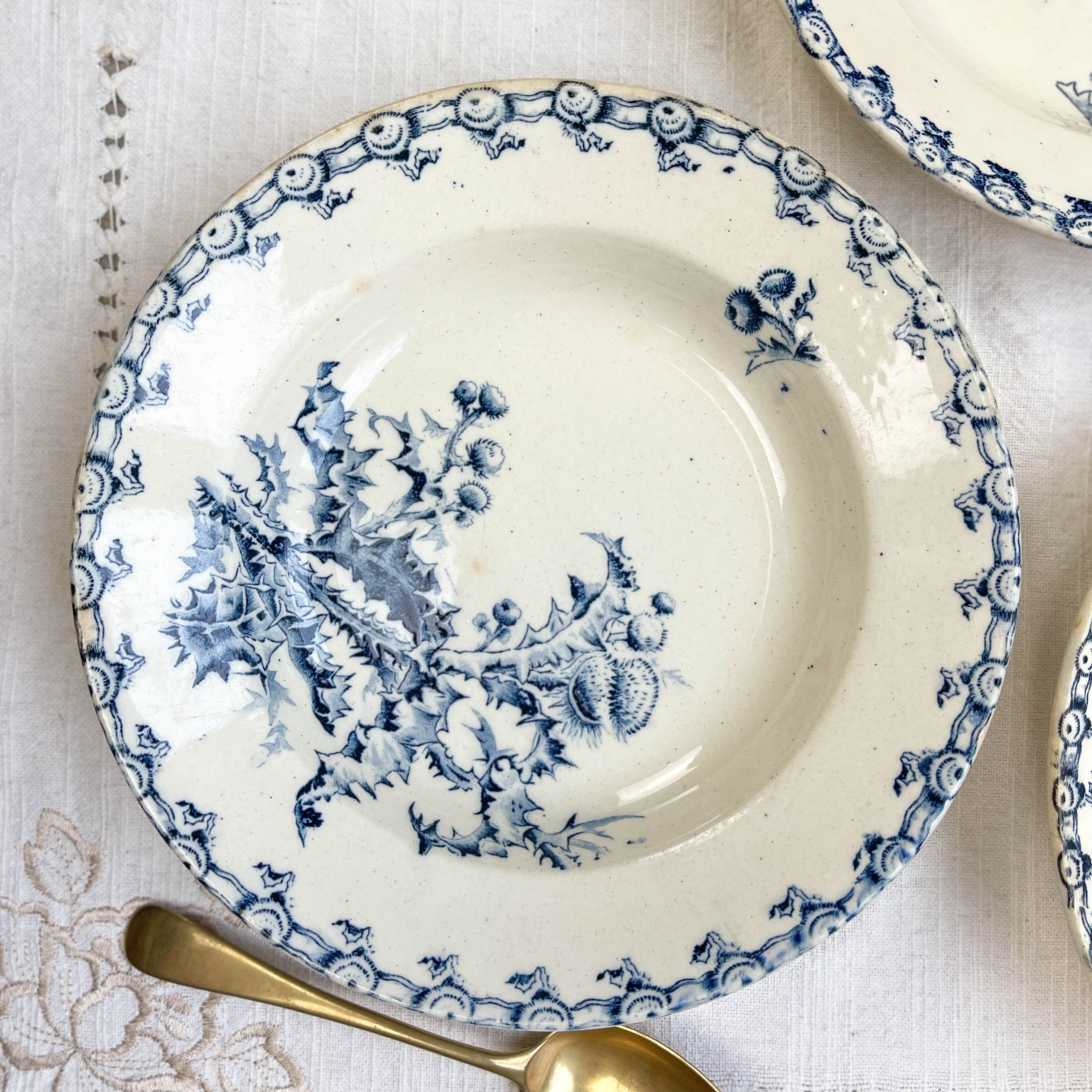 5 assiettes creuses terre de fer gien modèle chardons made in france