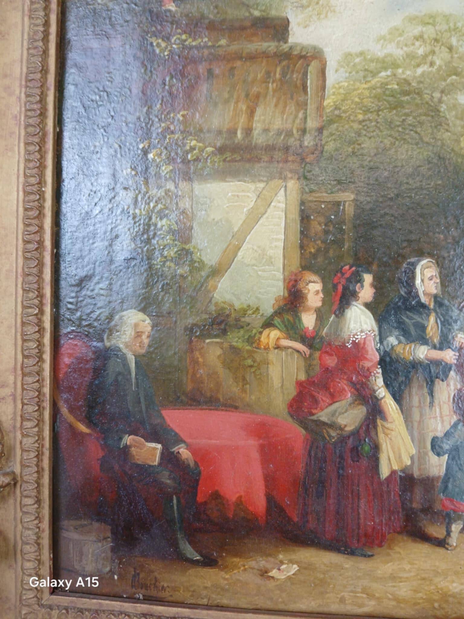 Oil on panel depicting a lively bourgeois scene