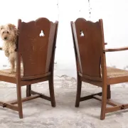 Pair of brutalist oak lounge chairs with rush seats – Netherlands