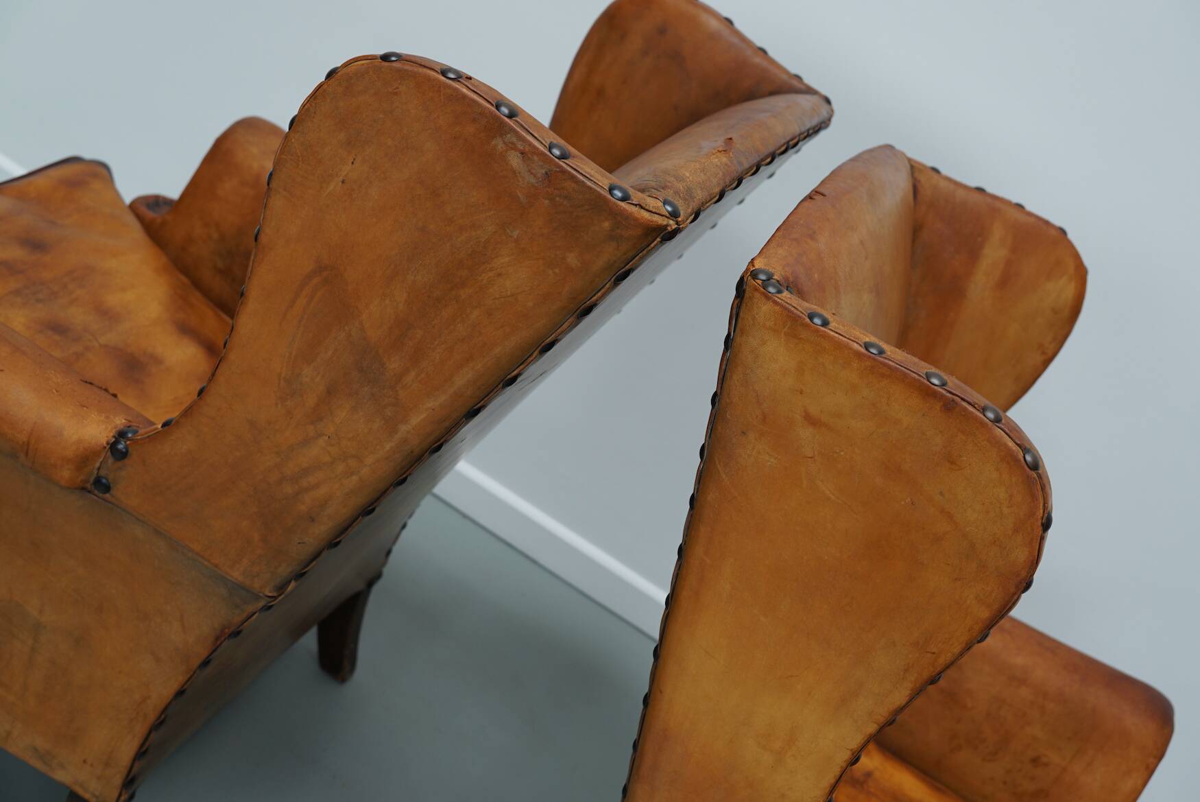 Old Patinated Dutch Cognac Colored Leather Club Chair, Set of 2