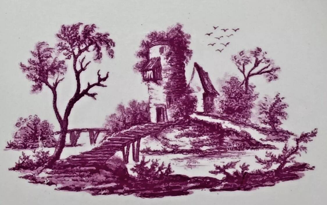 Old round hollow Gien dish, Pink Landscape model, 1938/1960