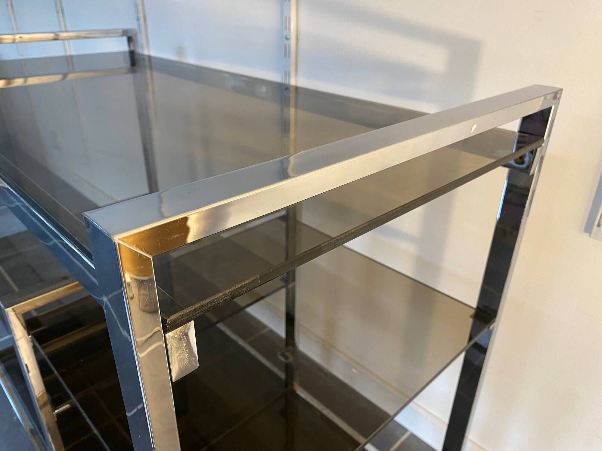 TV storage unit in chrome steel and vintage glass 1970