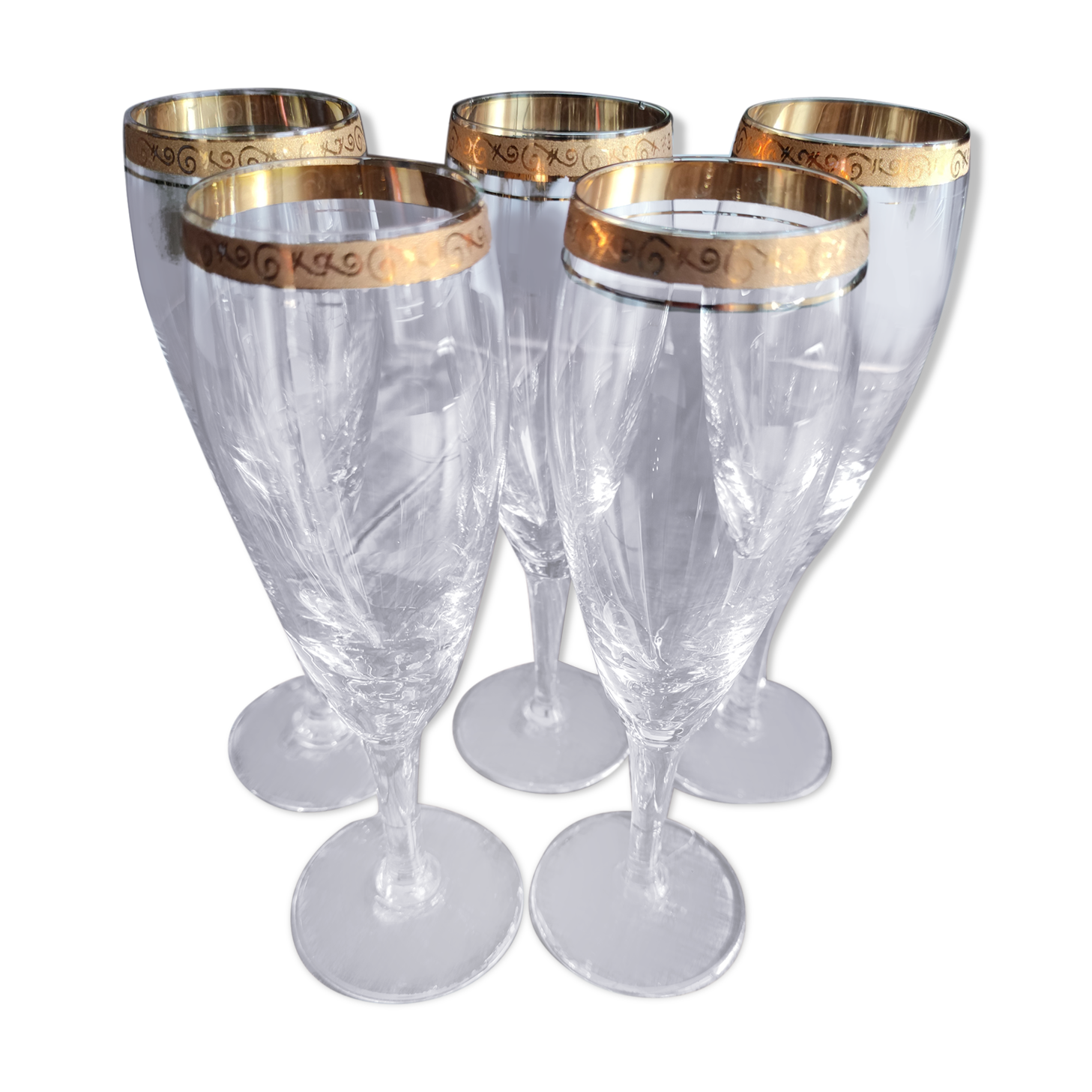 Set of 5 champagne flutes in crystal frieze and golden border
