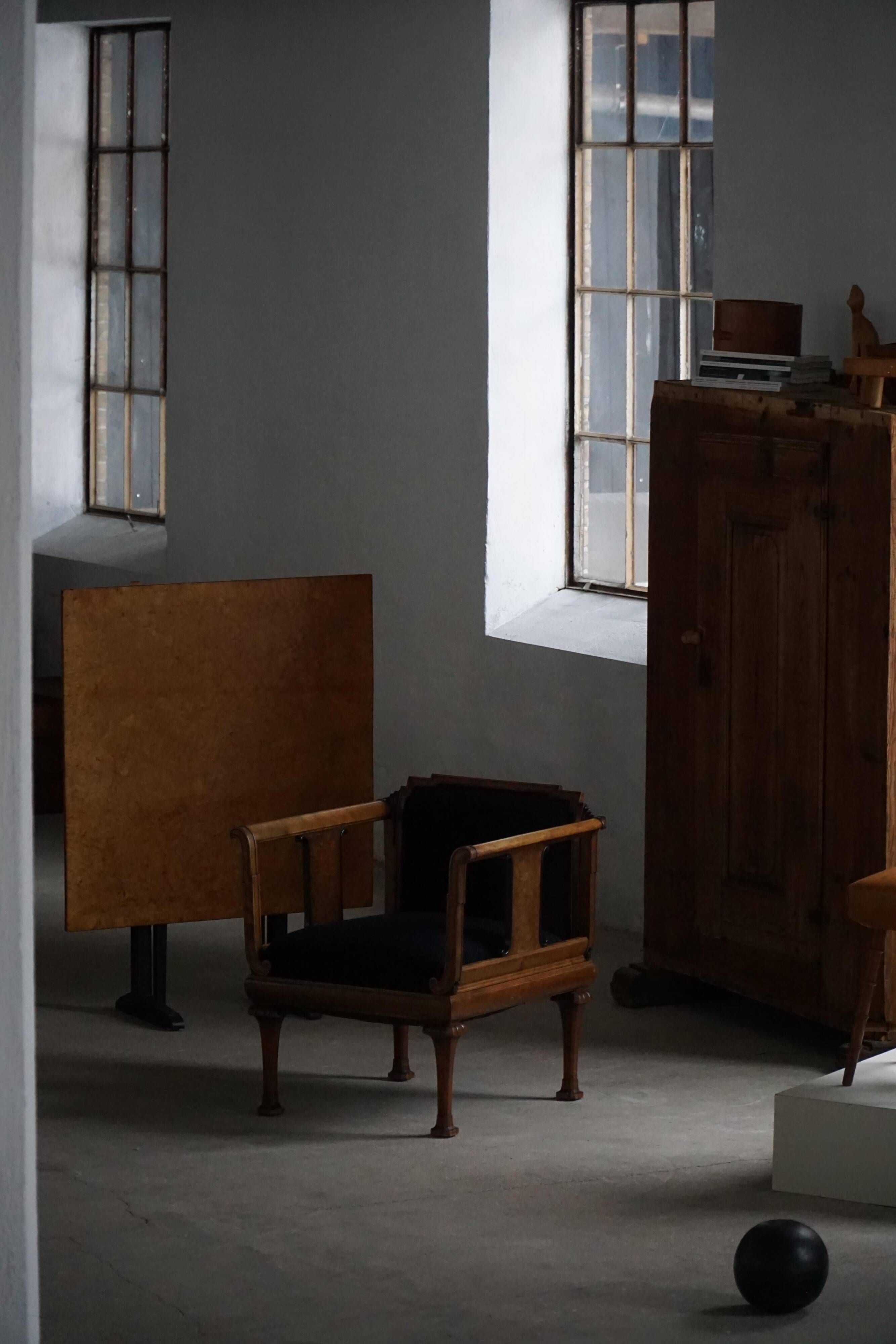 Early 20th century Danish Art Nouveau armchair, reupholstered in charcoal boucle.