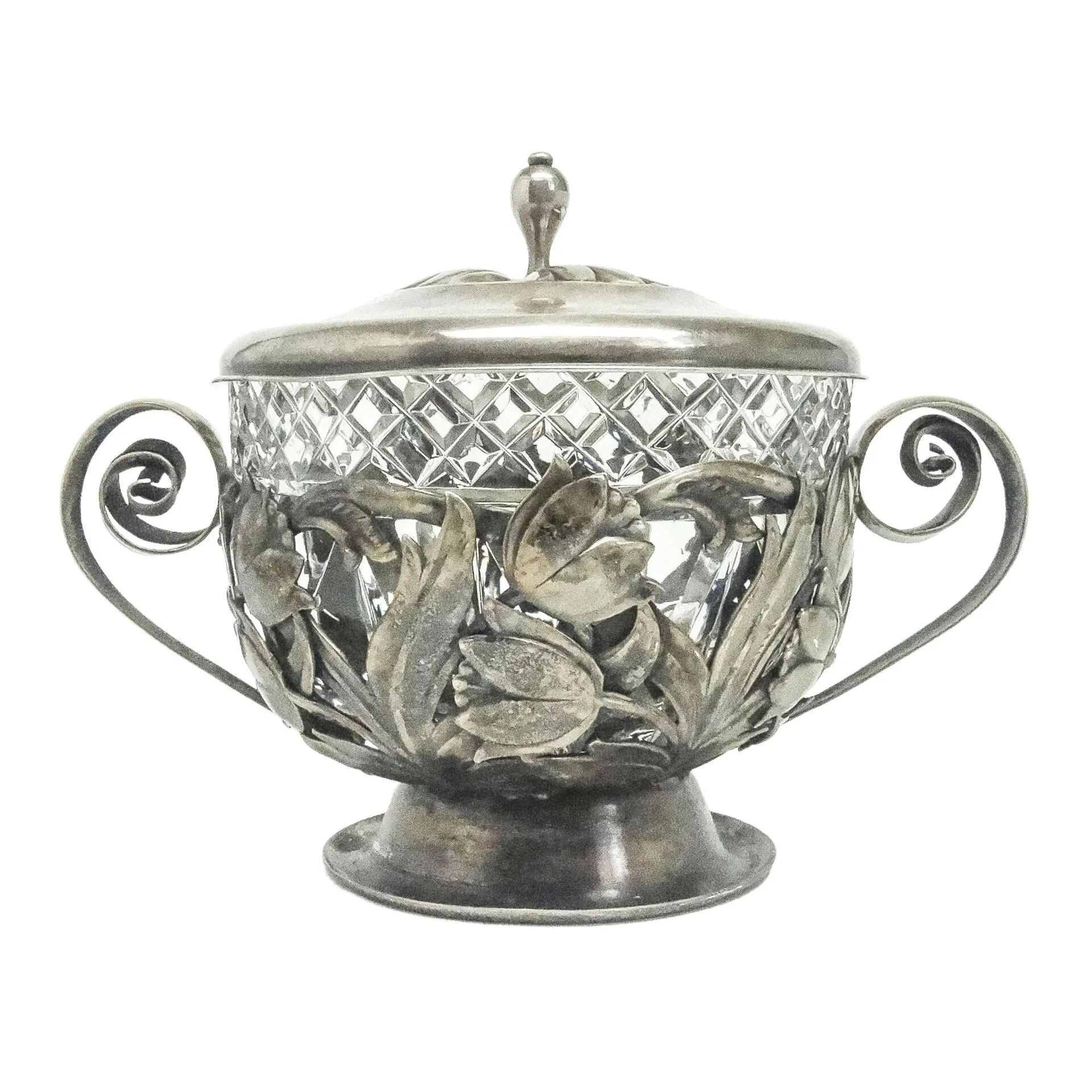 Art Nouveau sugar bowl, silver-plated brass, Poland, 1920s
