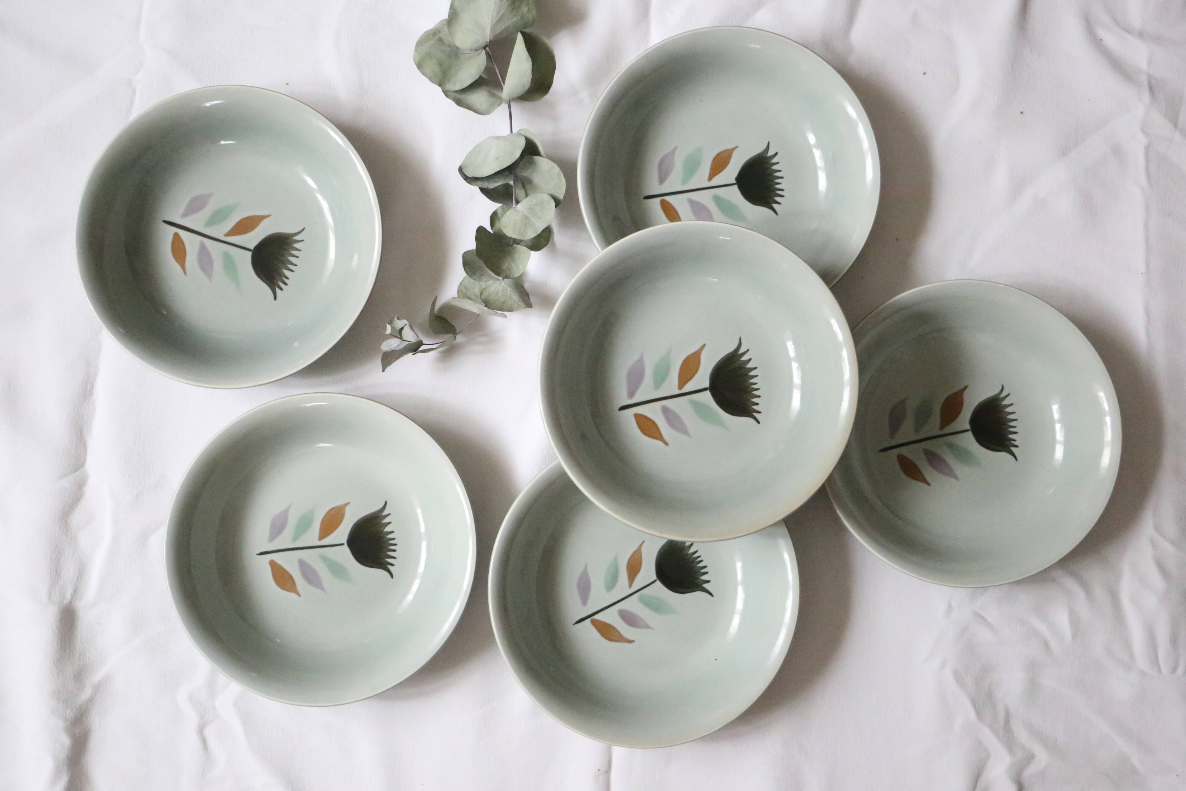 Set of 6 plates caps -or hollows- Salins, Montpezat pattern, vintage French