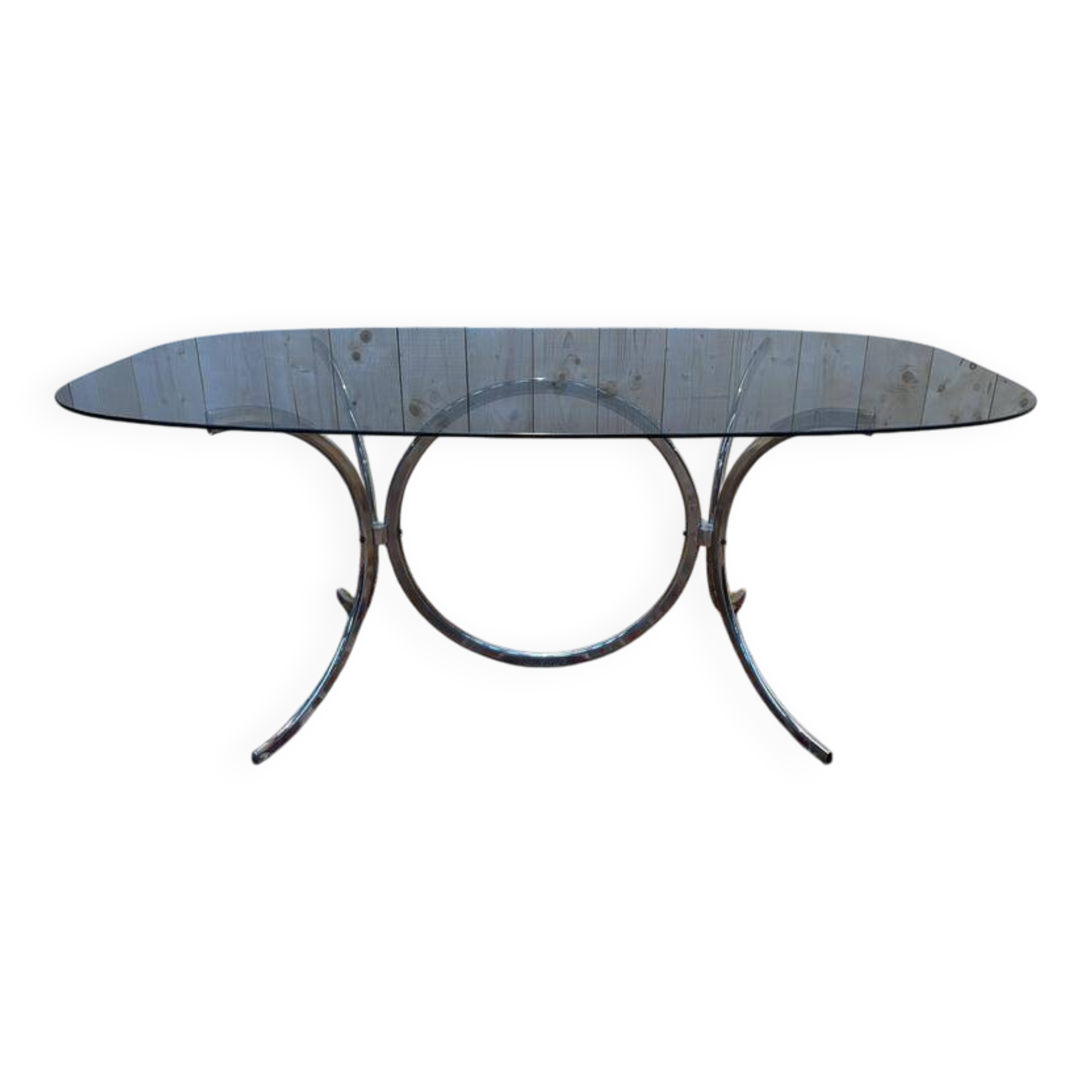 Contemporary glass and chrome dining table.