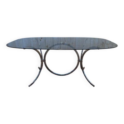 Table  à manger contemporaine verre et chrome .
