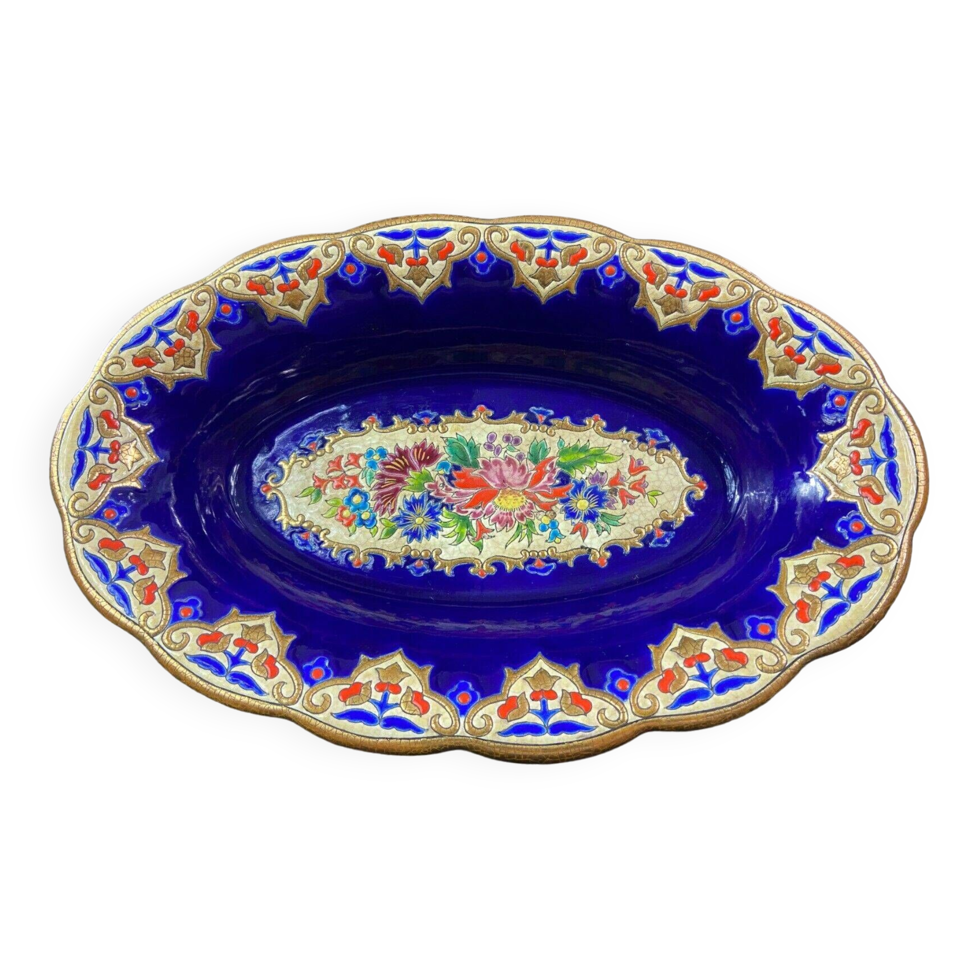 Oblong hollow dish in Longwy earthenware MP Chevallier Renaissance