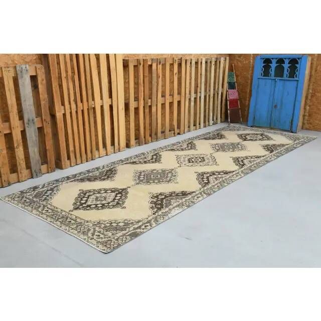 1970s Vintage Turkish Hand-Knotted Wool & Cotton Beige Rug 136x388