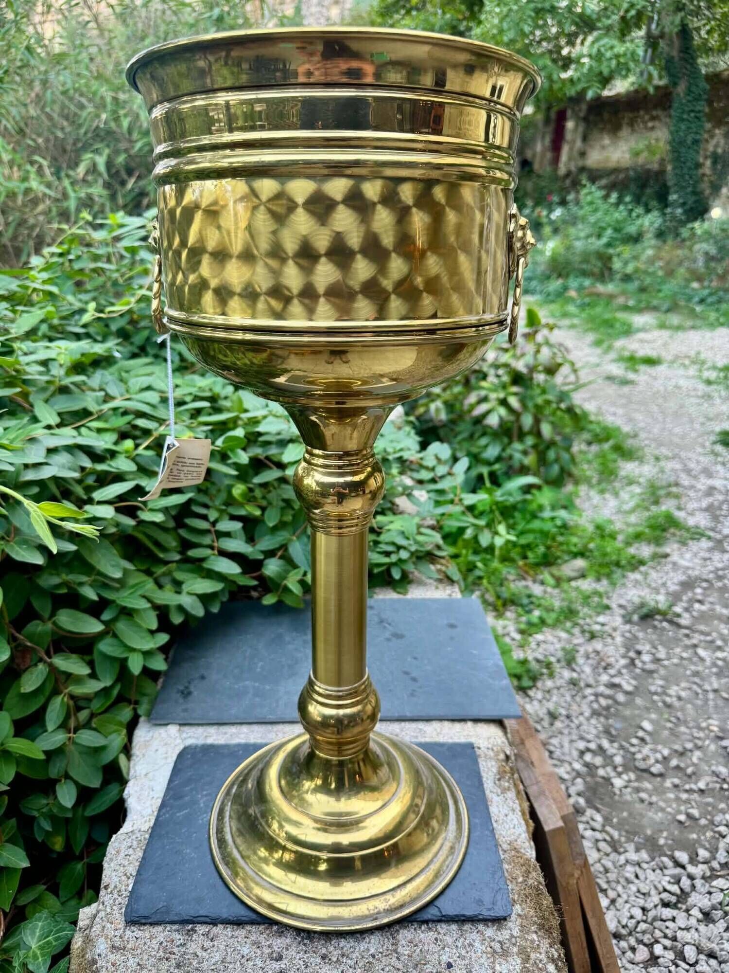 Large brass lion baroque planter on stand