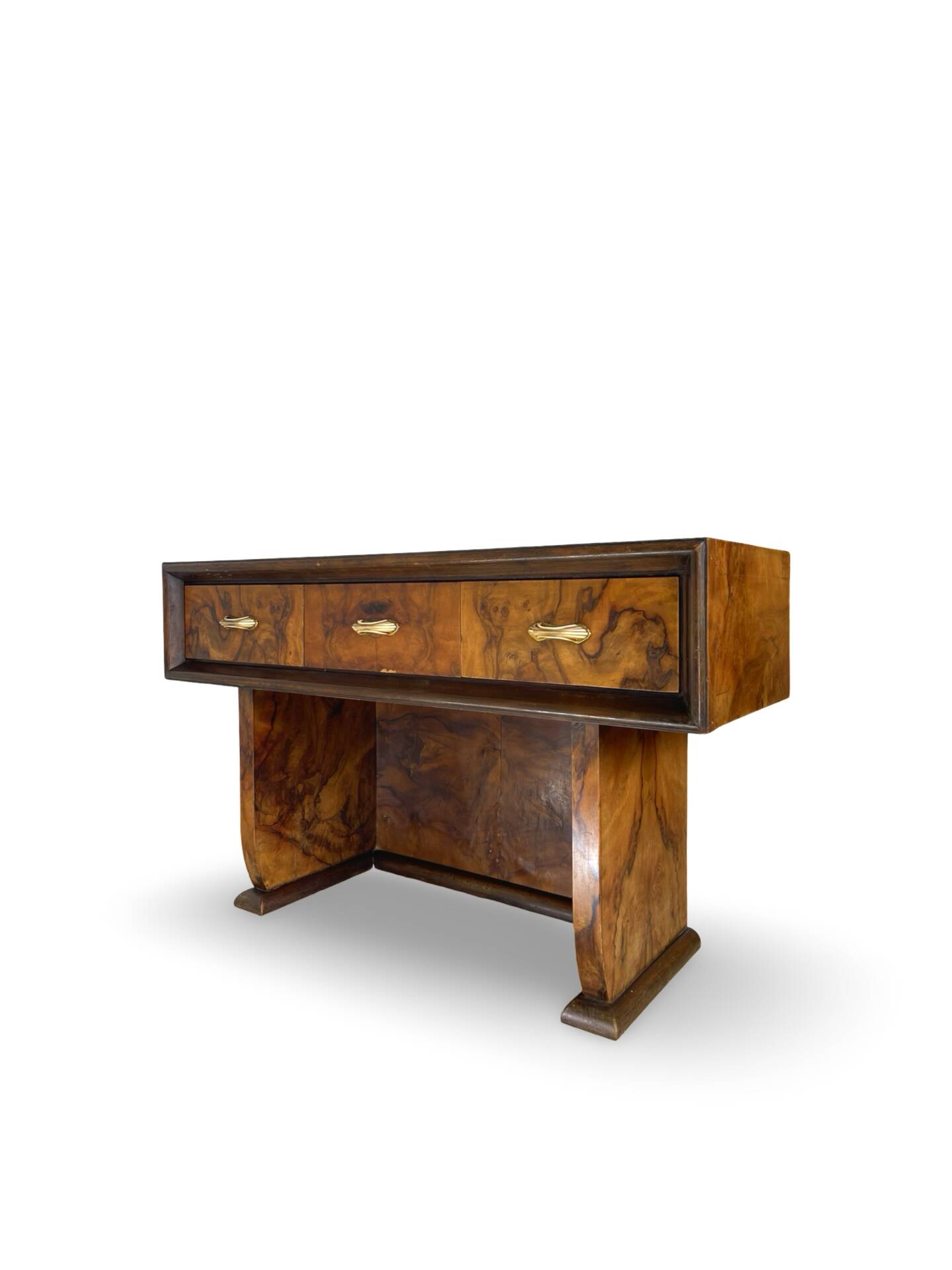 Italian burl walnut art deco console table, 1930s.