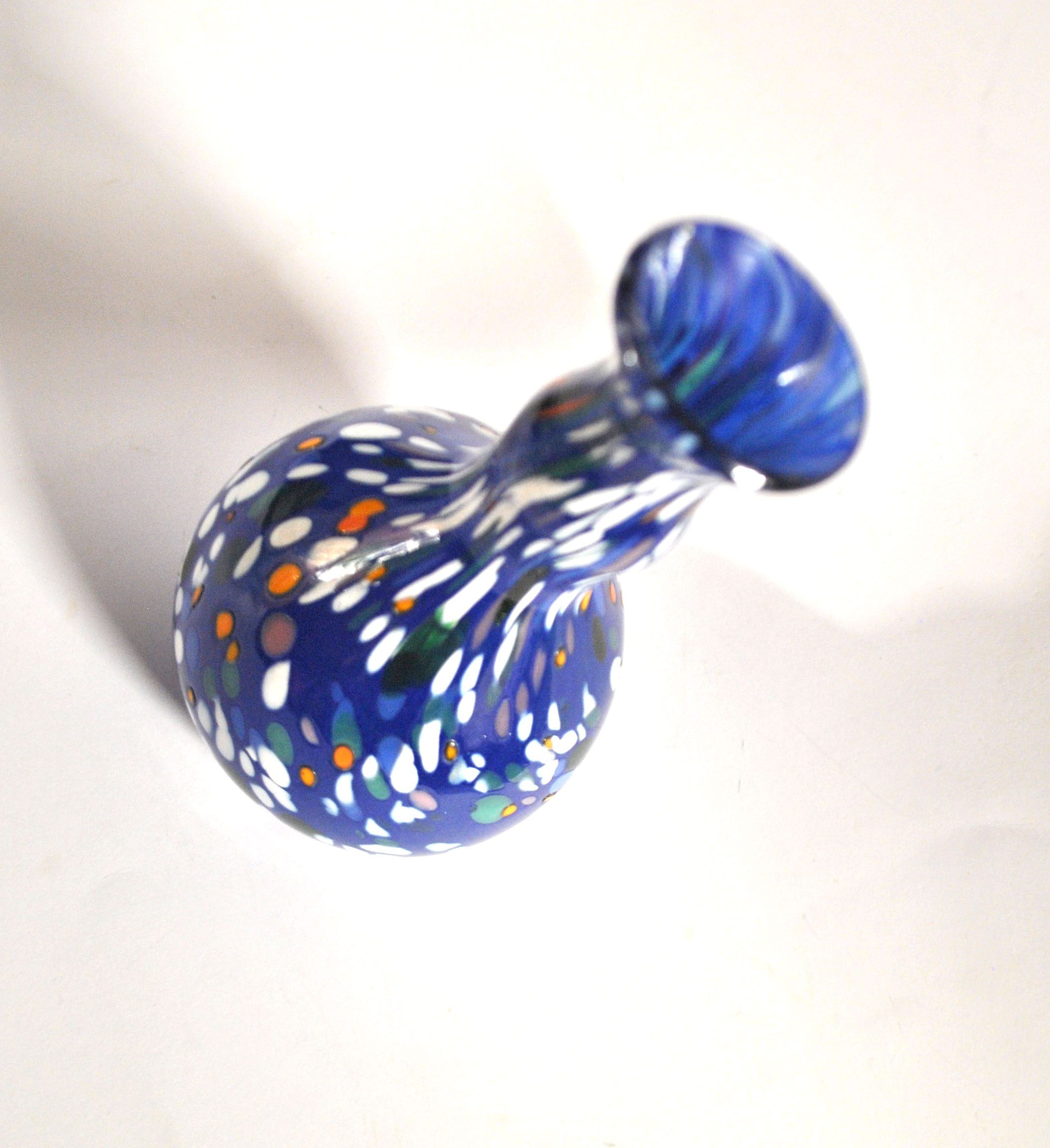 Vintage biot vase in double blown blue glass, coloured dot, design 2000 signed "arnold biot"