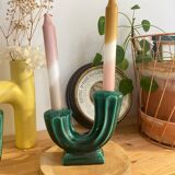 Pair of Art Deco Double Candlesticks in Emerald Green Ceramic - 1950s Vallauris Style
