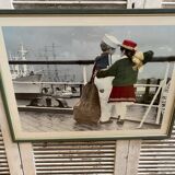 Old Color Print Sailor Children On The Naval Port + Green Wood Frame #B540