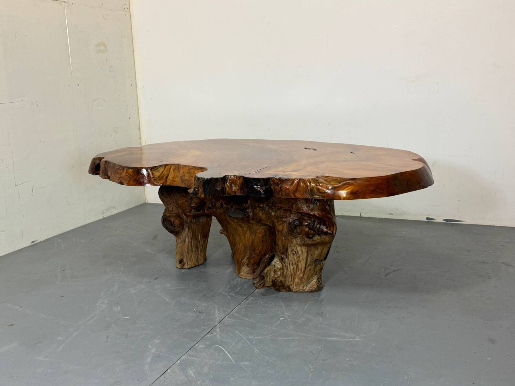 Brutalist Wabi Sabi mid-century coffee table made of natural biological burl wood.