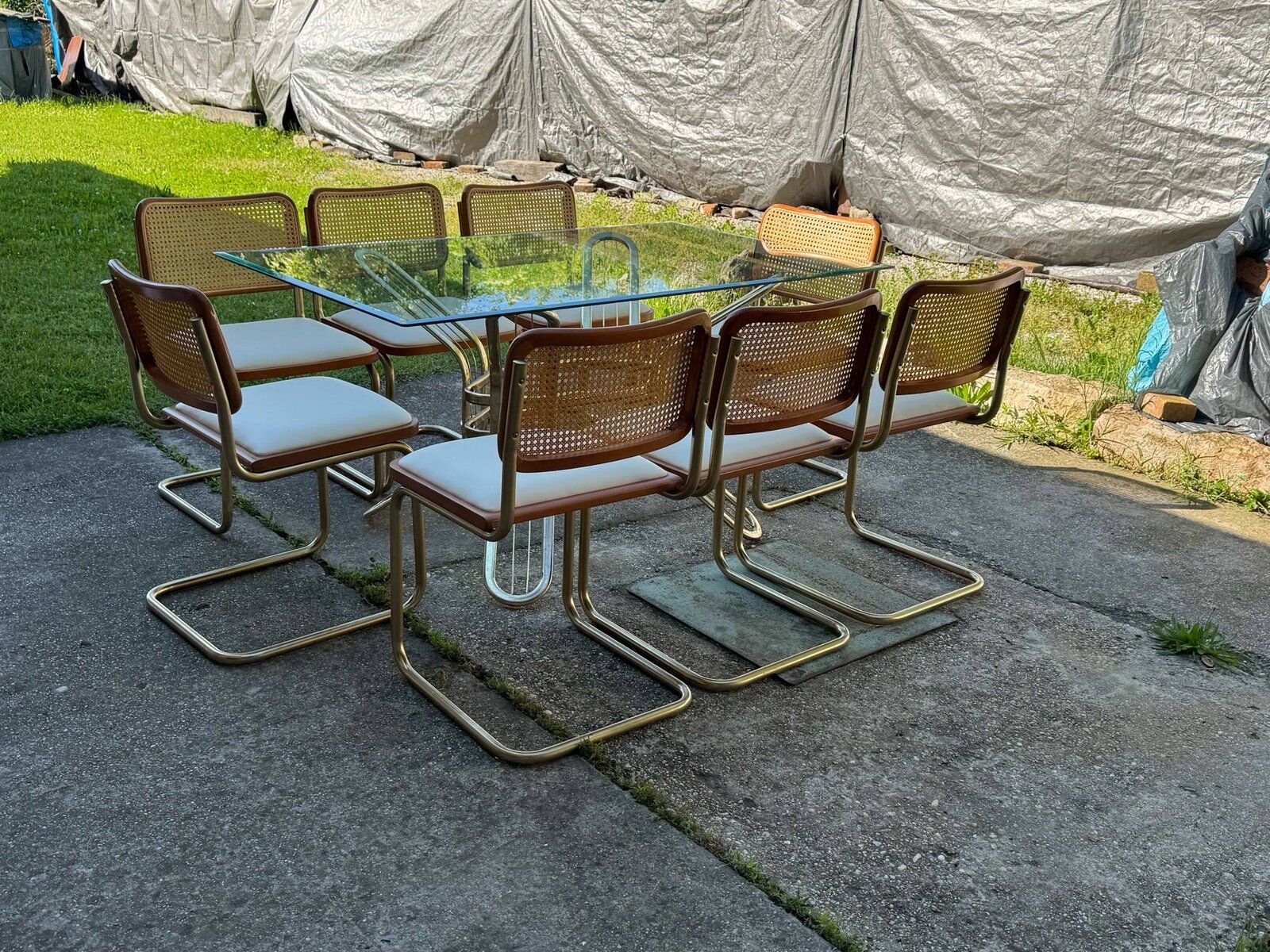 Italian brass dining set with table and chairs, 1970s, set of 9