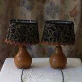 Pair of pear wood bedside lamps with leopard shades
