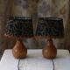Pair of bedside lamps in pear wood with leopard shade.