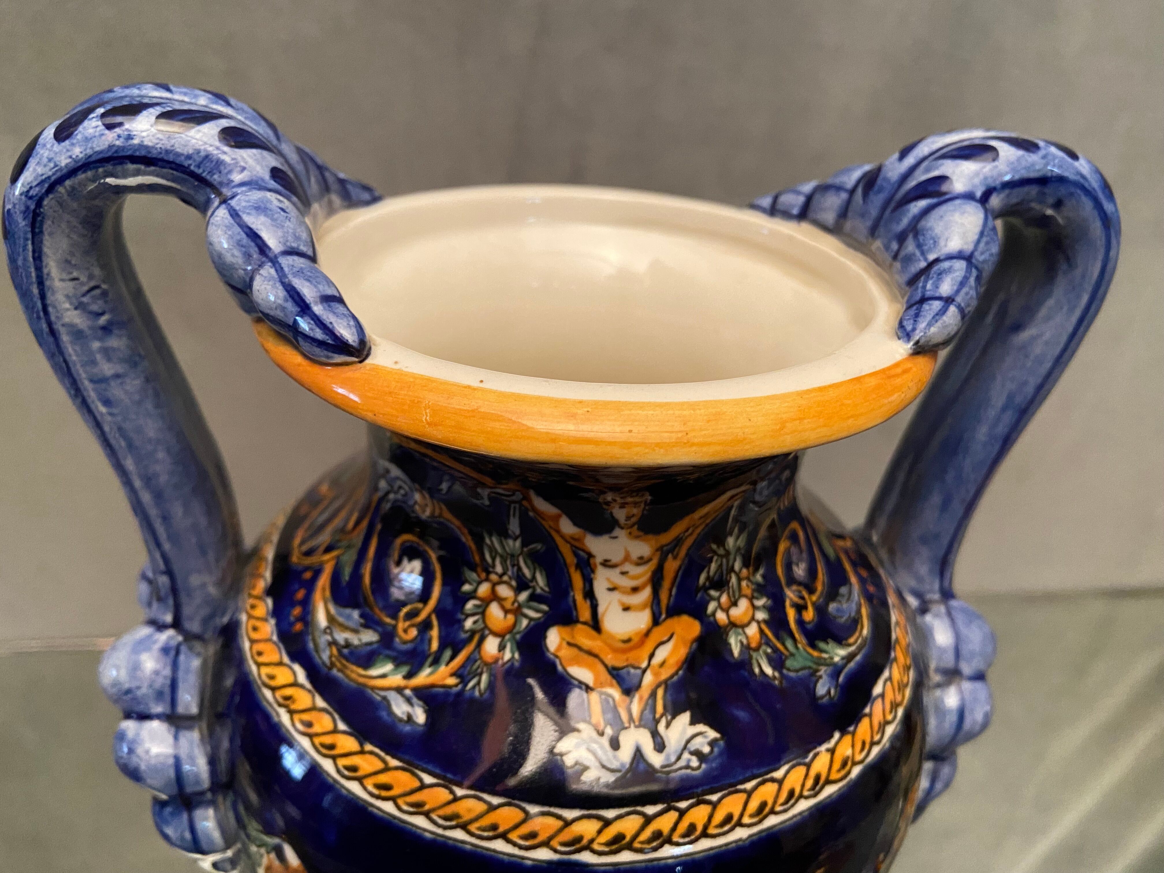 Vase on pedestal with handles in earthenware Gien Italian Renaissance decoration