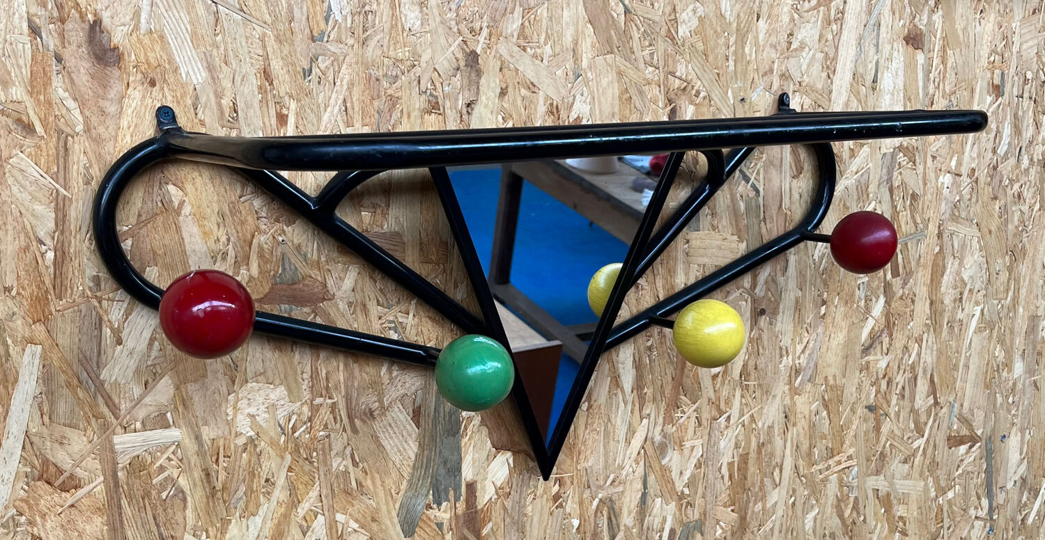 Black metal wood coat rack with vintage mirror
