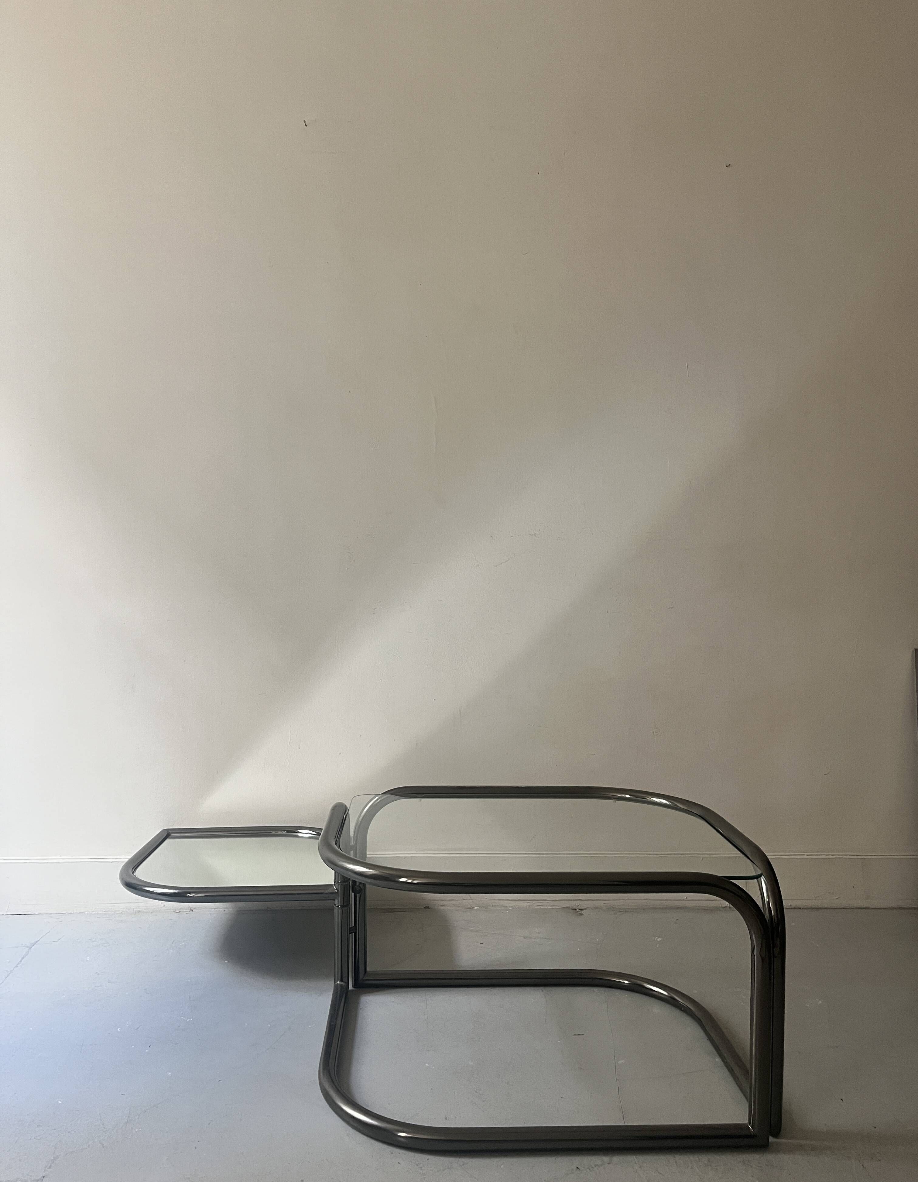 rotating coffee table drop in tubular chrome metal, glass and mirror, design 1970