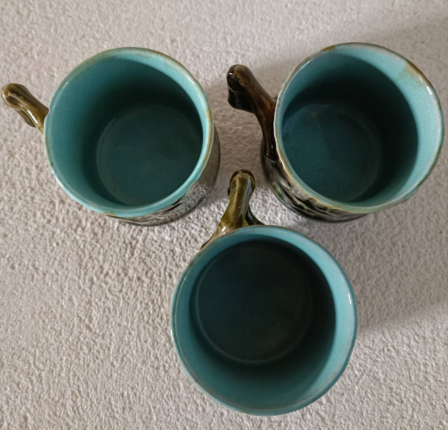 3 cups and saucers in bamboo-decorated earthenware