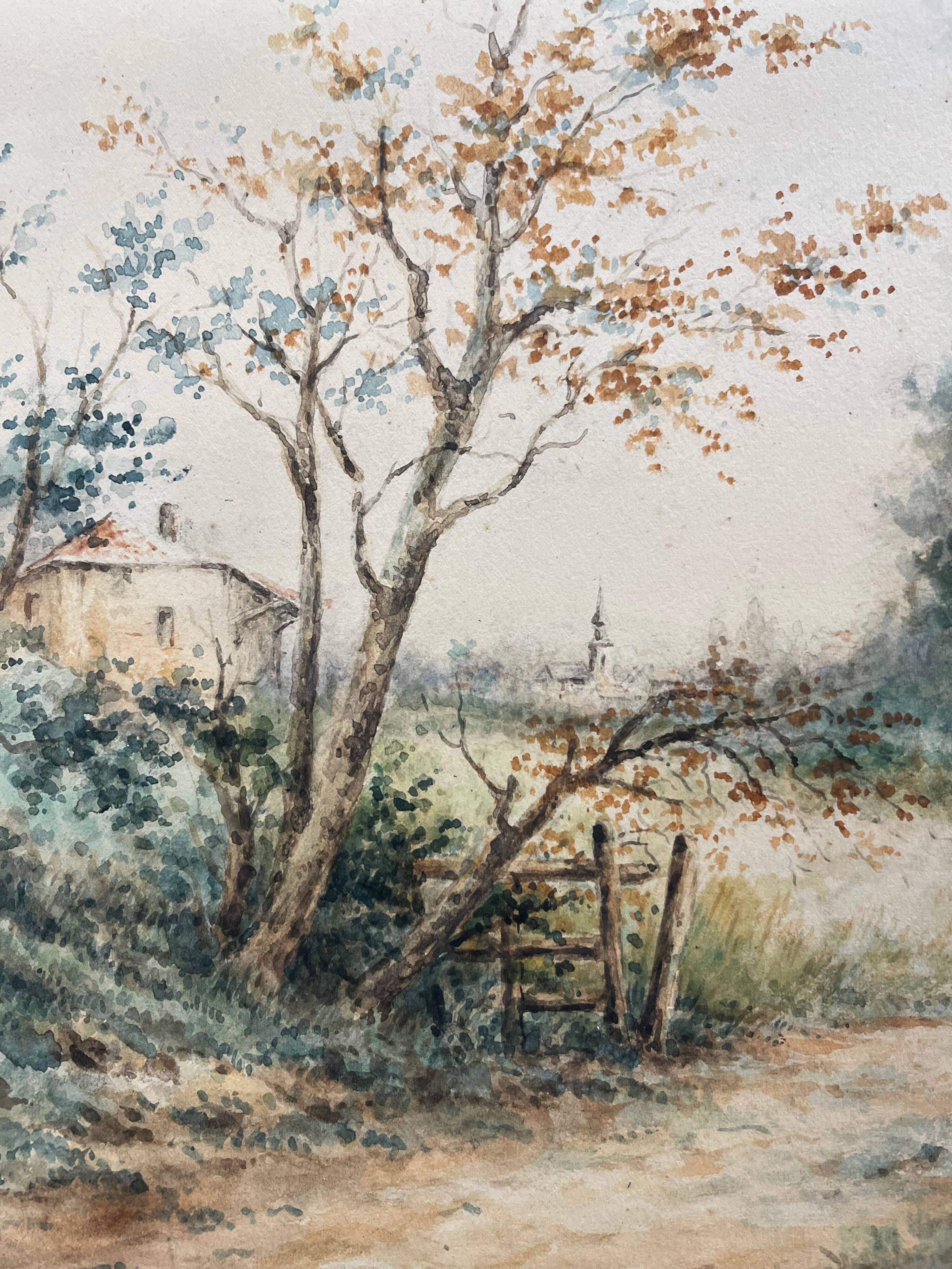 Watercolor painting by Eduard Heller (born in 1852) "Wooded Landscape in a Village"